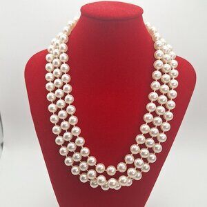Vintage Triple Strand Faux White Pearls Beaded Necklace 18" Gold Tone Box Clasp